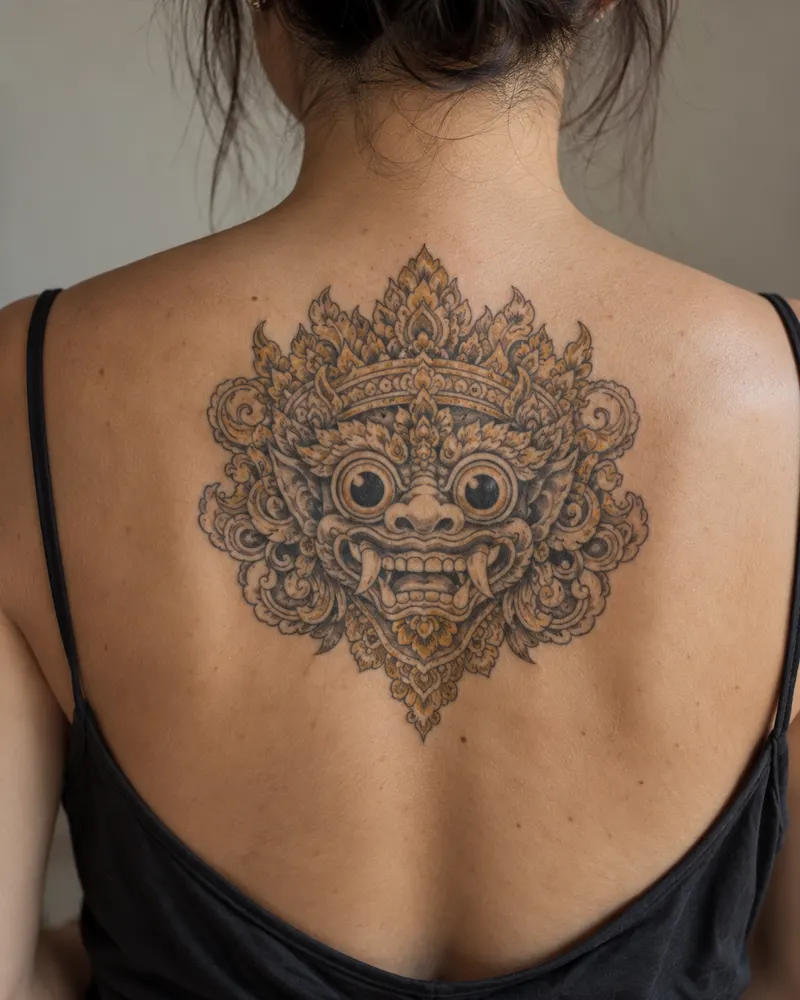 Balinese Barong tattoo in fine linework between the shoulder blades