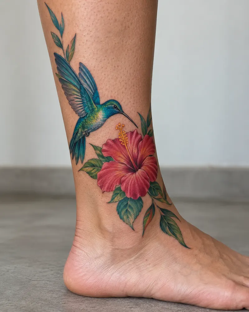 Colourful hummingbird and hibiscus tattoo on an ankle and calf