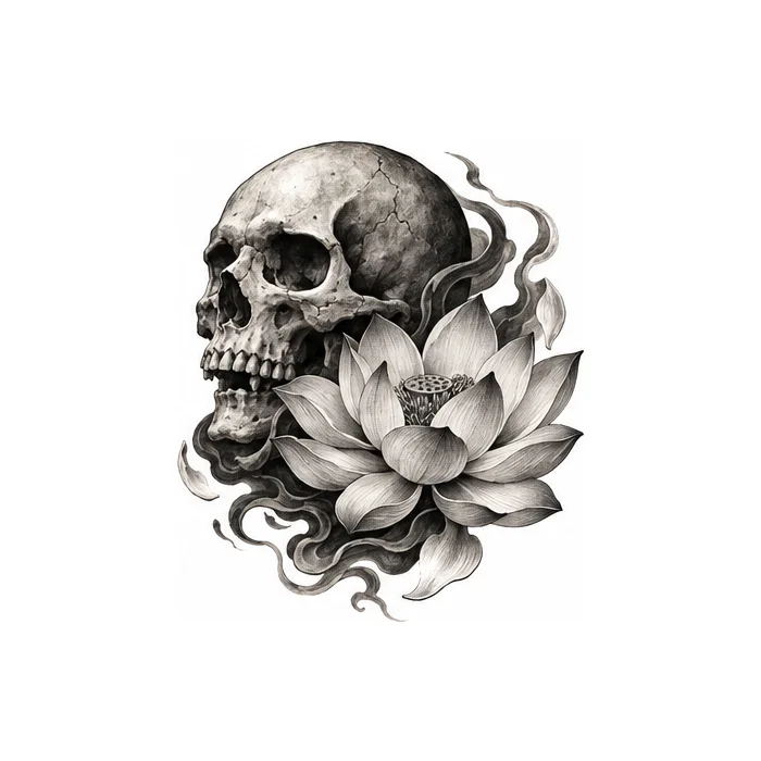 Lotus Skull, black and grey realism flash design